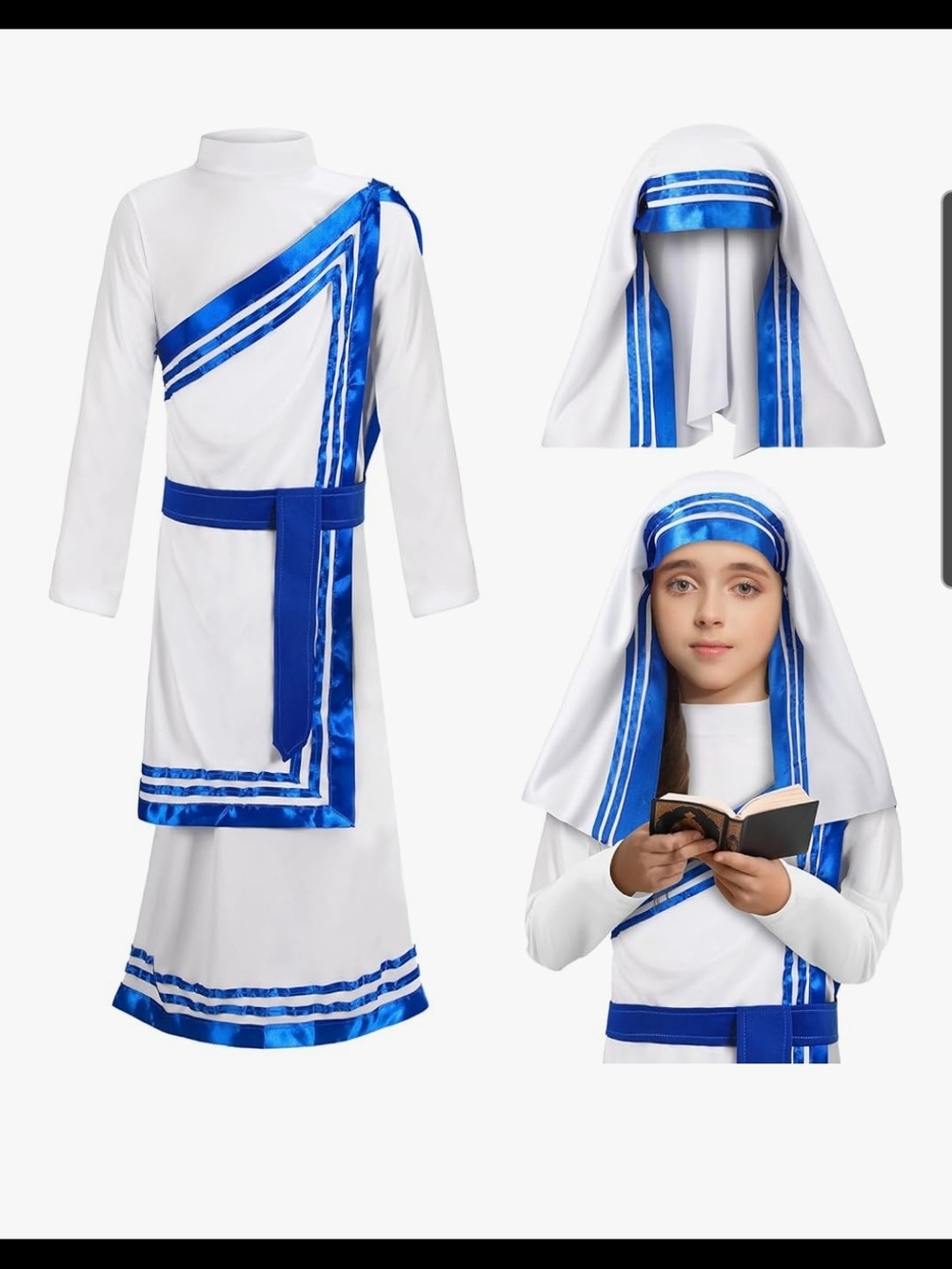 Children's White Biblical Mary Costume with Blue Trim - Small